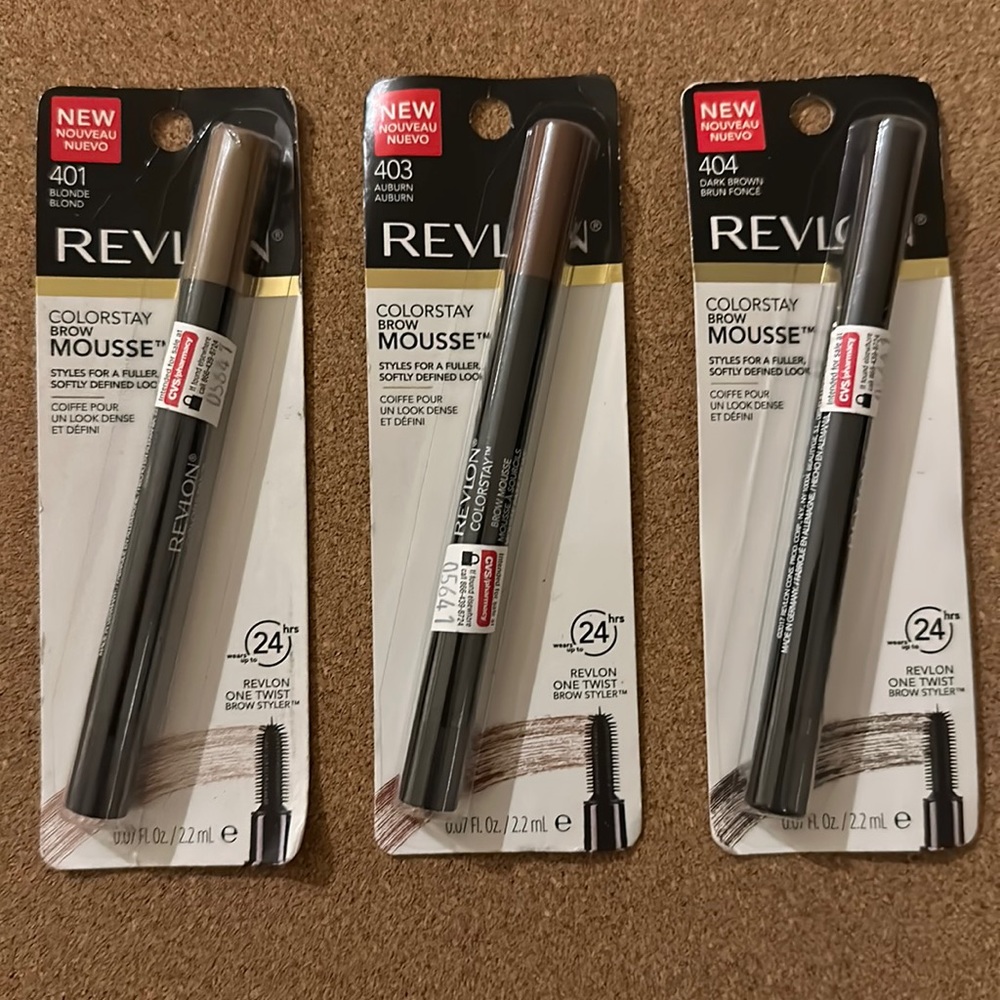 Brand new lot of 3 Revlon Colorstay Brow Mousse. Dark brown, Blonde, Auburn